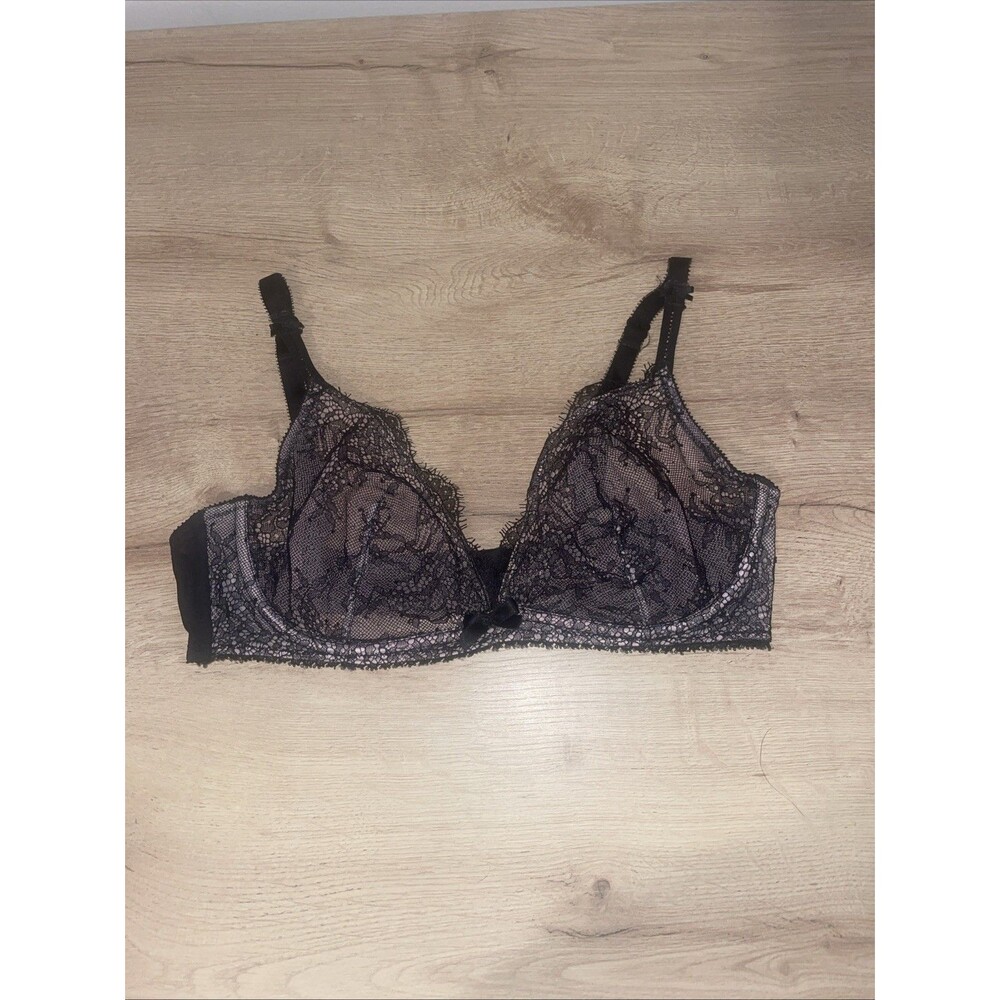 Victoria's Secret Very Sexy Unlined Plunge Bra 34D Black Pink Lace Sheer VS
